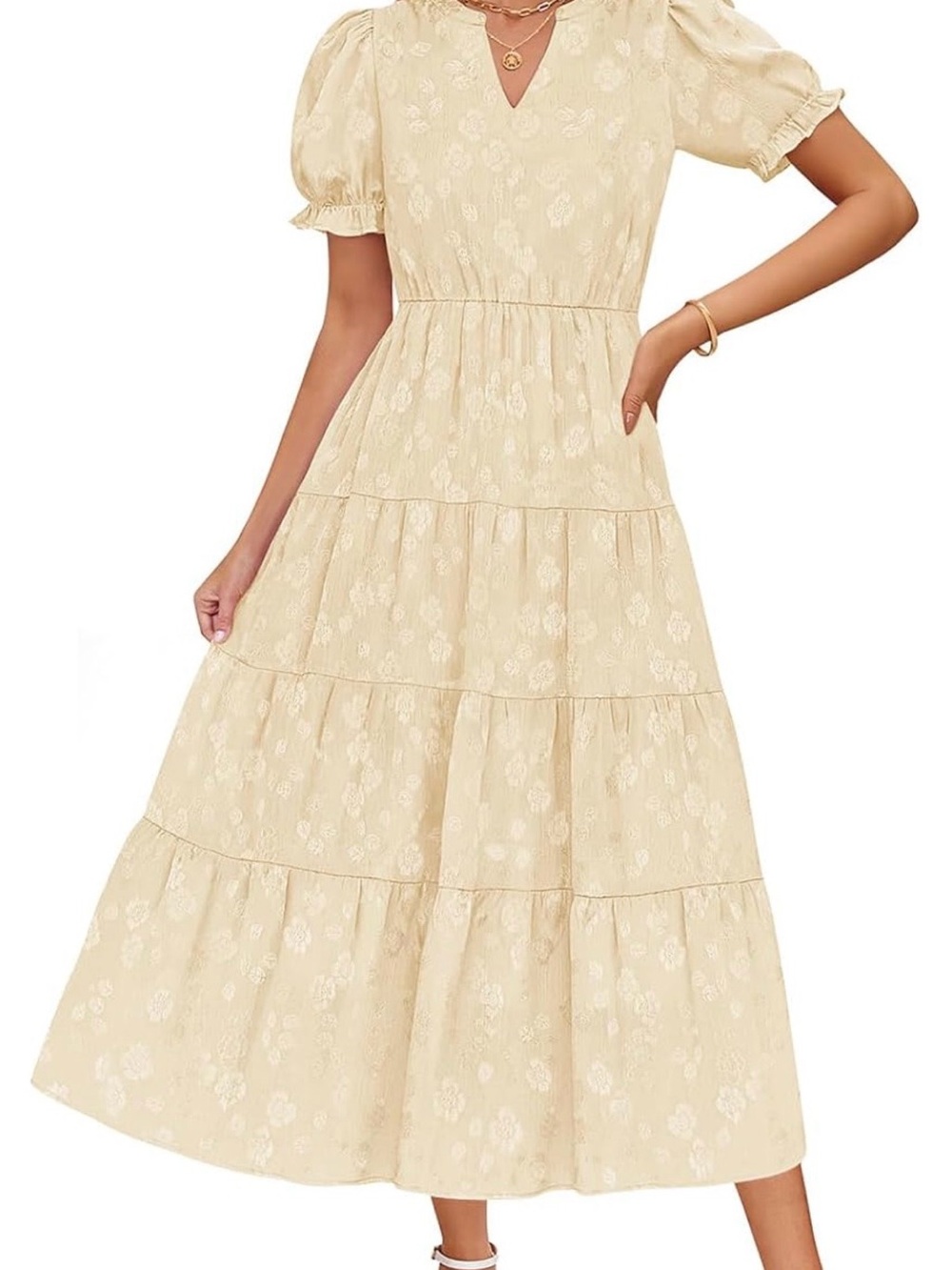 Ivory Tiered Midi Dress with Puff Sleeves